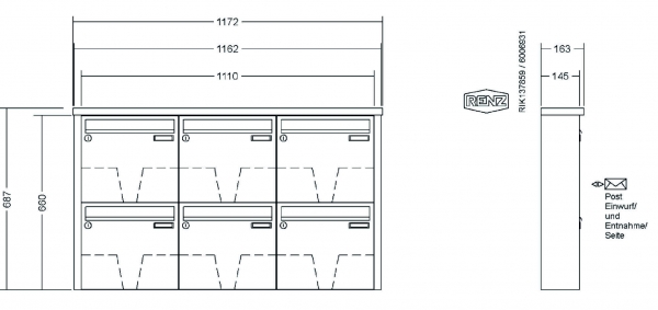 RENZ Briefkastenanlage Aufputz Tetro Kastenformat 370x330x145mm, 6-teilig